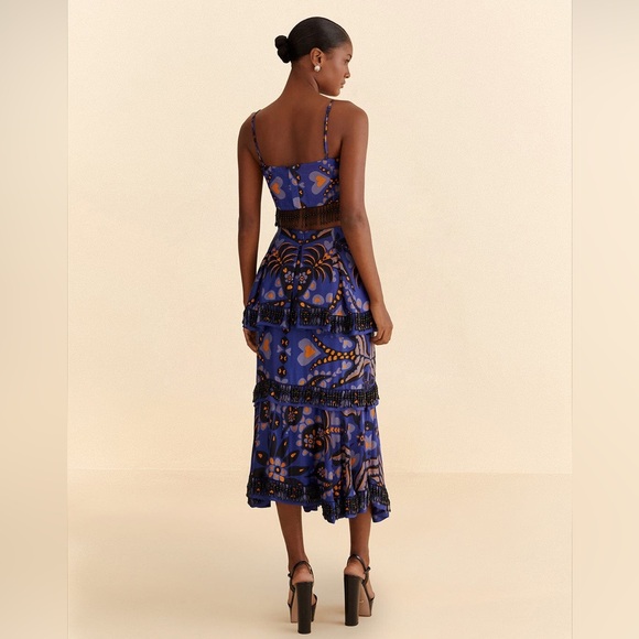 NWT FARM RIO Blue Martina Scarf Beaded Midi Skirt - Picture 3 of 4